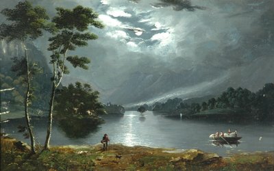 Ferry, Windermere, olhando para o norte e lago ao luar de Julius Caesar Ibbetson