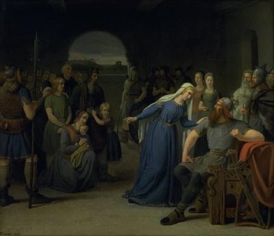 A rainha dinamarquesa Thyra Danebod tentando amolecer o coração de seu marido, Gorm, o Velho, para alguns cristãos cativos de Julius Exner