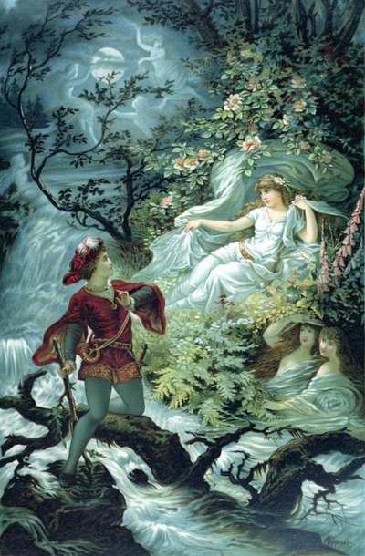 O cavaleiro Hulbrand com Undine, ilustração para o conto &39;Undine&39; pelo barão de la Motte Fouque, 1909 de Julius Hoeppner