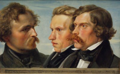 Jovem Düsseldorf. Retrato de grupo dos pintores Karl Friedrich Lessing, Carl Ferdinand Sohn e Theodor Hildebrandt, 1839 de Julius Huebner