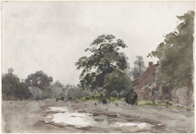 Fazenda sob árvores altas com água em primeiro plano de Julius Jacobus van de Sande Bakhuyzen