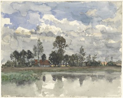 Árvores que reflectem na água num céu nublado de Julius Jacobus van de Sande Bakhuyzen