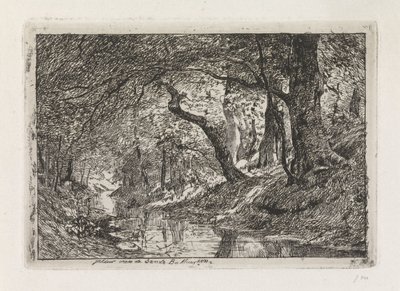 Paisagem florestal com riacho e árvores na margem de Julius Jacobus van de Sande Bakhuyzen