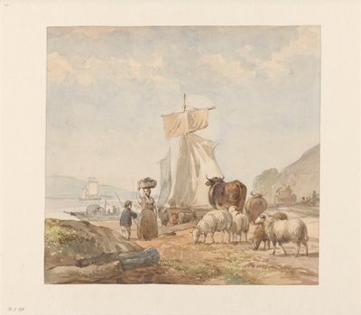 Números com gado perto da margem do rio com barco de ferry de Julius Jacobus van de Sande Bakhuyzen