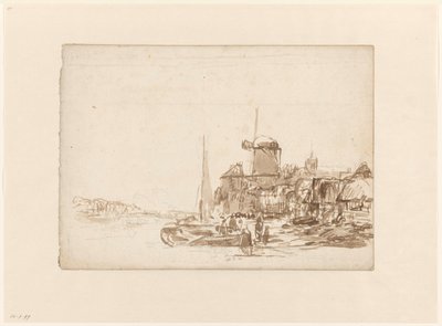 Cidade com um moinho de vento em um canal de Julius Jacobus van de Sande Bakhuyzen