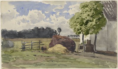 Pilha de madeira em frente de uma casa de campo no prado de Julius Jacobus van de Sande Bakhuyzen