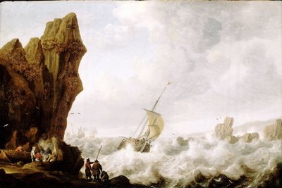 Um barco de pesca com dois mastros (hooker) em mares turbulentos, espremido numa passagem rodeada por uma costa de rochas íngremes. Óleo sobre madeira, cerca de 1620, de Julius Porcellis (1609-1645). de Julius Porcellis