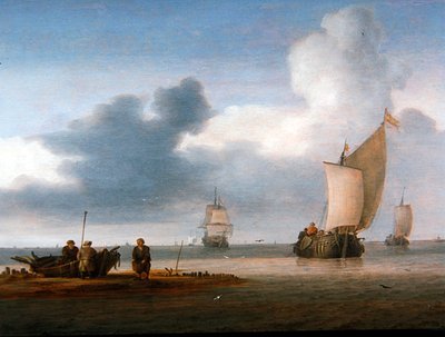 Cena de Praia com Veleiros e Pescadores (óleo no painel) de Julius Porcellis