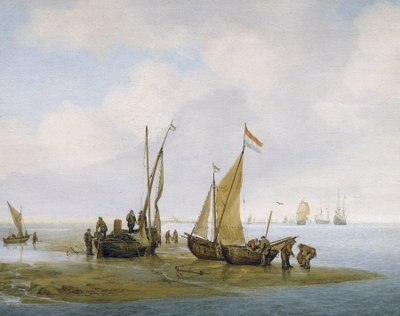 Pesca de mexilhões, três barcos de pesca holandeses na costa, um dos quais com a vela levantada, e grupos de pescadores ocupados a manter e descarregar barcos, mais abaixo na praia, dois outros carregam cestos cheios de mexilhões de Julius Porcellis