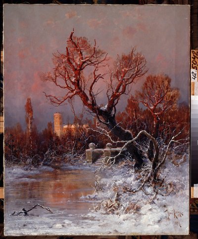 No Parque do Palácio Gatchina, perto de São Petersburgo. Descrição de um lago congelado com degraus de pedra e árvores desnudadas, com o palácio ao fundo, iluminado pela luz quente do de Julius Sergius Klever