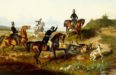 Frederick II com o seu Partido Caçador (óleo sobre tela) de Julius Zimmerman