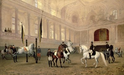 Exercício matinal na escola de equitação, Josephsplatz, 1890 de Julius von Blaas  