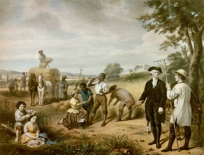 Washington, o Agricultor: George Washington (1732-1799) nos campos de Mont Vernon, sua plantação no Conde de Fairfax, Virgínia. No canto inferior esquerdo estão representados os seus dois enteados, John e Martha Parke Custis. Litografia de Junius Brutus Stearns