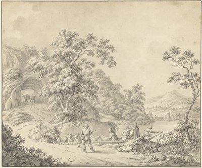 Paisagem com uma barcaça contendo um pastor de ovelhas com o seu rebanho de Jurriaan Andriessen (attributed to)