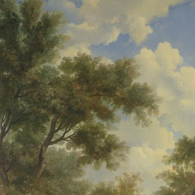 Paisagem arcadiana com um templo à esquerda e um homem velho sentado em primeiro plano de Jurriaan Andriessen
