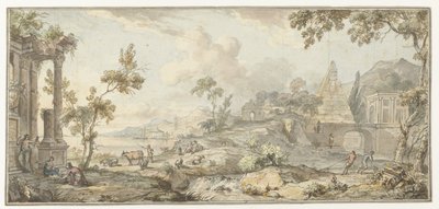 Desenho para uma pintura de sala com paisagem e pirâmide da costa sul de Jurriaan Andriessen