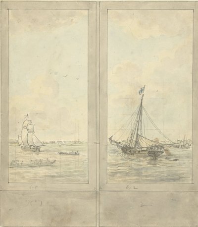 Desenho para dois papéis de parede: rio com navios na Holanda de Jurriaan Andriessen
