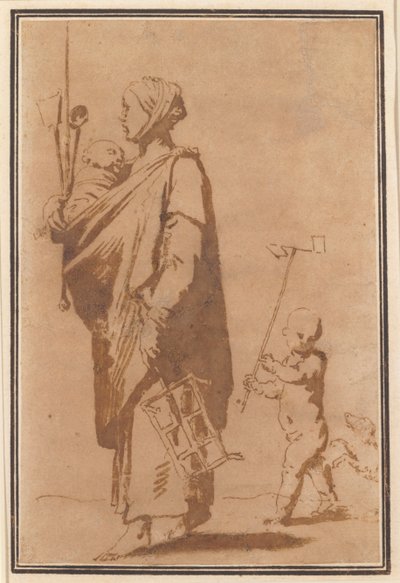 Mãe carregando uma criança e utensílios de cozinha, seguida por um menino e um cachorro de Jusepe de Ribera