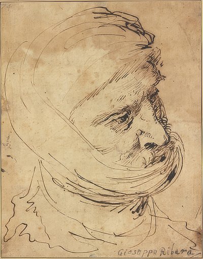Cabeça barbada, amarrada ao redor do queixo com um pano de Jusepe de Ribera