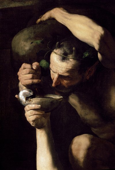 Silenus bêbado - O silene bêbado (detalhe). Pintura por José (Jusepe) de Ribera, dit lo Spagnoletto (1591-1652) de Jusepe de Ribera