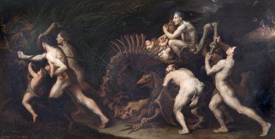 La Carcasse : Uma bruxa a ser puxada sobre o esqueleto de um monstro, pré c.1620 (óleo sobre cobre) de Jusepe de Ribera