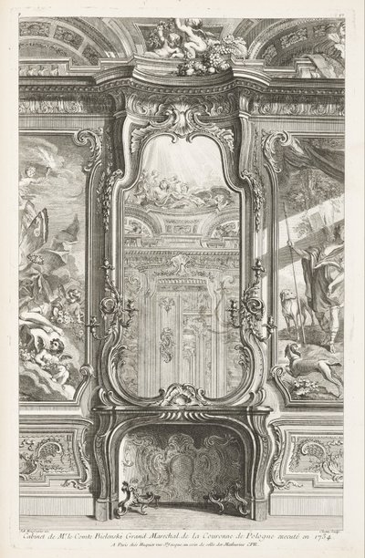 Gabinete do Sr. Conde Bielenski Grande Marechal da Coroa da Polônia executado em 1734; Chiminée com vidro, com parte dos painéis de suporte e pinturas de cada lado, 1ª Placa de Juste Aurèle Meissonnier
