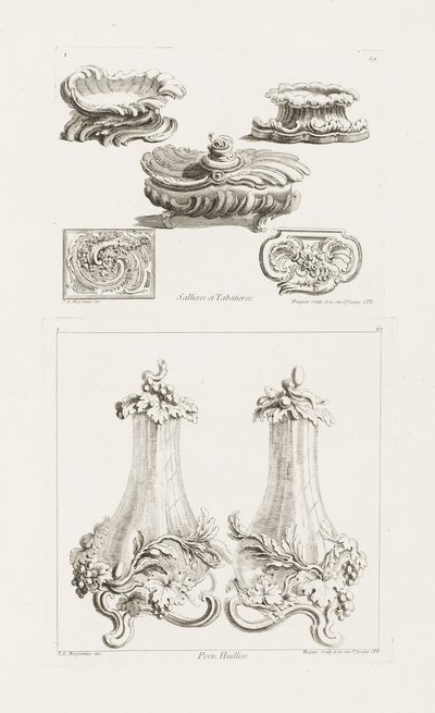 Sallieres et Tabatières (pratos de sal e caixas de rapé), prato 69 em Oeuvres de Juste Aurèle Meissonnier