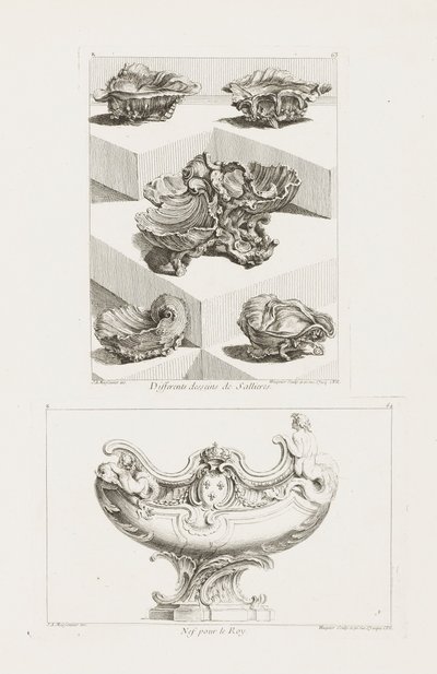 Diferentes Desseins de Sallieres (Vários Projetos para Pratos de Sal), pl. 63 na Obra de Juste-Aurele de Juste Aurèle Meissonnier