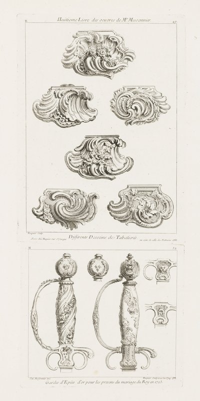 Differents Desseins de Tabatieres, primeira página [Diferentes designs para caixas de rapé], p. 49 no trabalho de Juste Aurèle Meissonnier