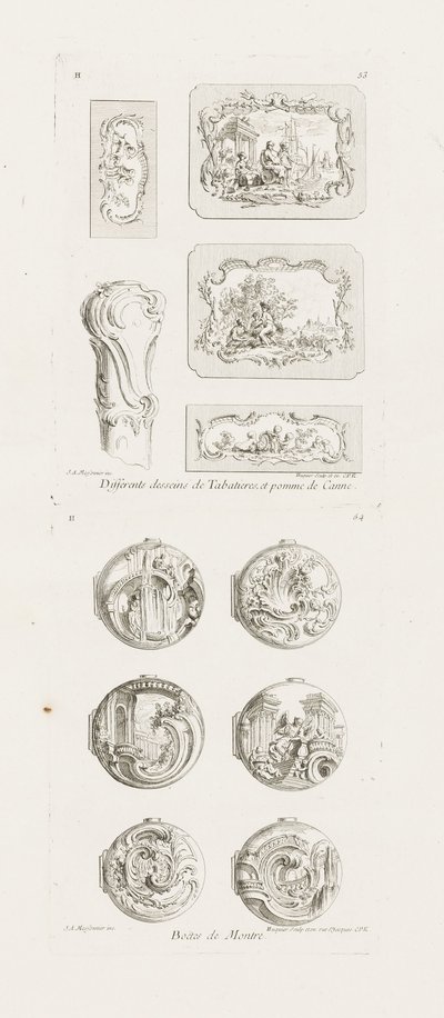 Projetos diferentes para caixas de rapé e cabo de bengala, 5º prato, pl. 53 na Obra de Juste-Aurèle Meissonnier de Juste Aurèle Meissonnier
