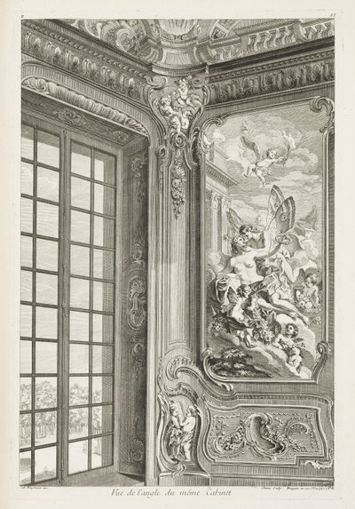 Vista de canto do mesmo armário; Vista de canto do mesmo armário, mostrando à esquerda uma grande janela e à direita a pintura de Zéfiro e Flora, 2ª Placa de Juste Aurèle Meissonnier