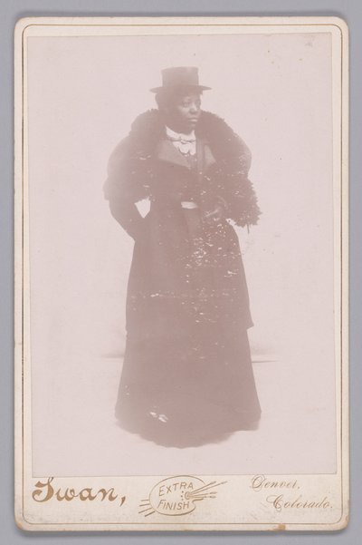 Cartão do gabinete de uma mulher não identificada com uma cartola e uma estola de pele, ca. 1895. de Justus C. Swan