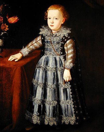 Retrato de uma criança em pé junto a uma mesa (óleo sobre painel) de Justus Sustermans