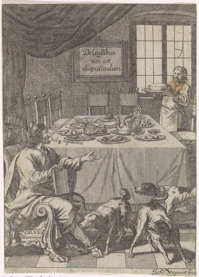 Zoilus está sentado em uma mesa posta De Gustibus non est disputandum (título no objeto) de Justus van den Nijpoort
