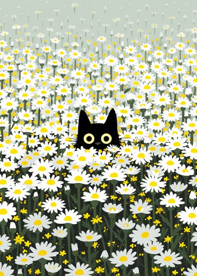 Gato preto num prado de margaridas de Justyna Jaszke