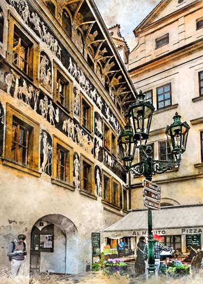 Cena de rua em esgrafitado de Praga de Justyna Jaszke