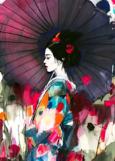 Retrato vibrante de uma gueixa com um guarda-chuva de Justyna Jaszke