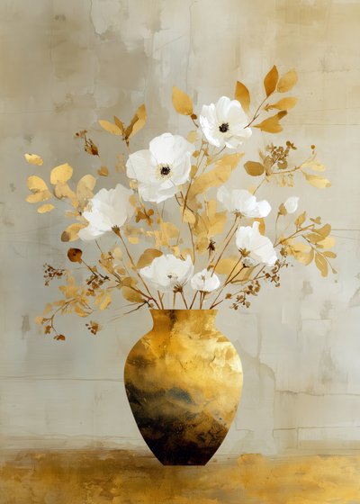 Flores Brancas num Vaso Dourado de Justyna Jaszke