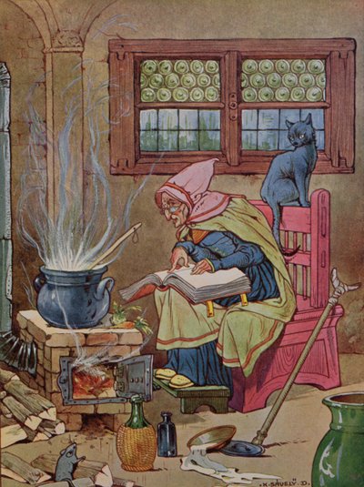 Bruxa, ilustração de um livro de contos, c.1910-20 (gravura a cores) de K. Savely Dezso