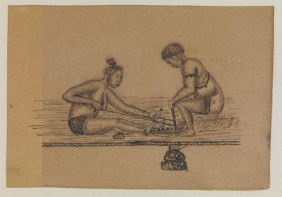 Ilustração para uma lenda Inuit (duas pessoas nuas fazendo fogo) de Kaarale Andreassen