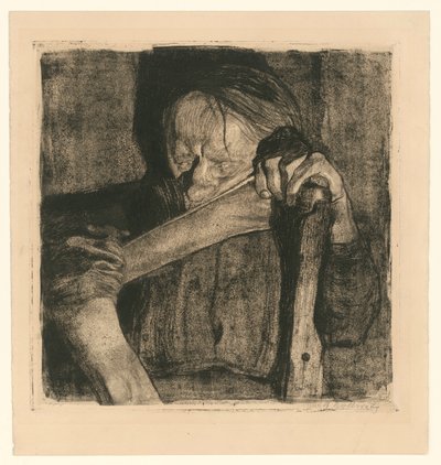A afiar a foice (folha 3 de «Guerra dos Camponeses», quinto estado) de Käthe Kollwitz