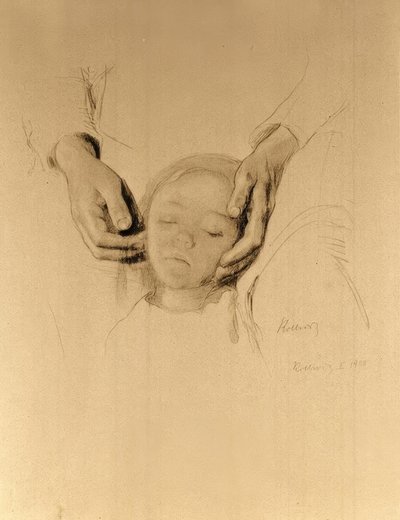 K.Kollwitz, cabeça de uma criança nas mãos. de Käthe Kollwitz