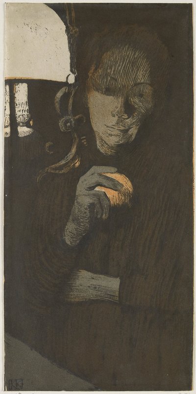 Retrato de uma mulher desconhecida com uma laranja por uma lâmpada
Frau mit Orange (título original) de Käthe Kollwitz