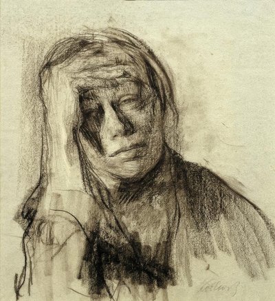 Auto-retrato com braço direito apoiado, mão na testa de Käthe Kollwitz
