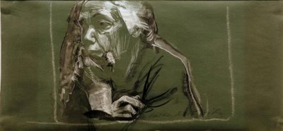 Auto-retrato para a esquerda com a mão no queixo de Käthe Kollwitz
