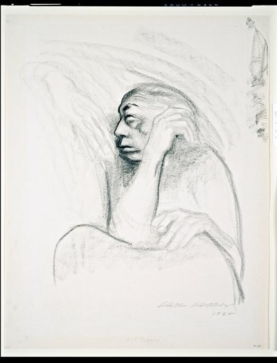 Auto-retrato com a mão da morte, 1924 (carvão no papel) de Käthe Kollwitz