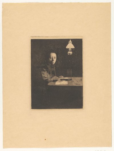 Retrato de uma célula na mesa Autorretrato à Mesa (título original) de Käthe Kollwitz
