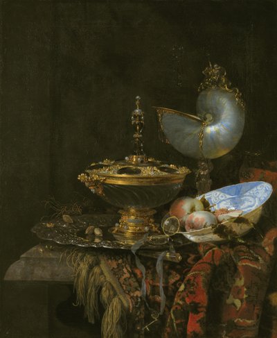 Pronk Still Life com Holbein Bowl, Nautilus Cup, Taça de Vidro e Prato de Frutas de Kalf