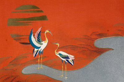 Pássaros ao pôr-do-sol no lago de Kamisaka Sekka