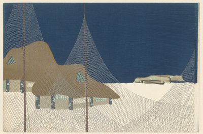 Vila de pescadores, 1909 (impressão em xilogravura) de Kamisaka Sekka
